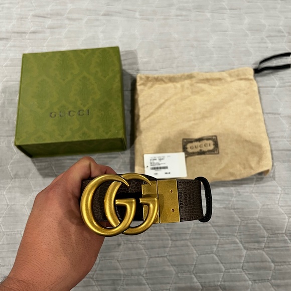 Gucci Double G Brass Buckle Reversible Leather Belt - Picture 5 of 9